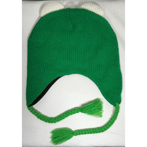 Green Frog Themed Braided Tassel Soft Lined Chunky Knit Beanie Adult One Size - Picture 2 of 5
